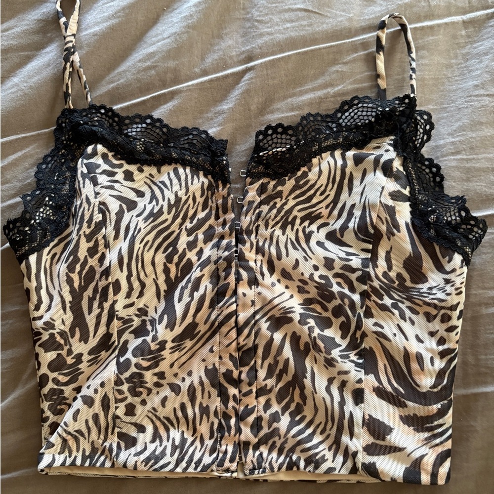 Princess Polly Leopard Lace Trim Corset Cami Top Size 2 Y2K Crop
